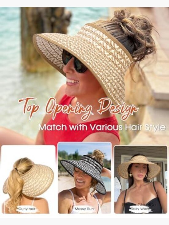 Straw Wide Brim Ponytail UPF 80+ Foldable Sun Hat Visor main image 4